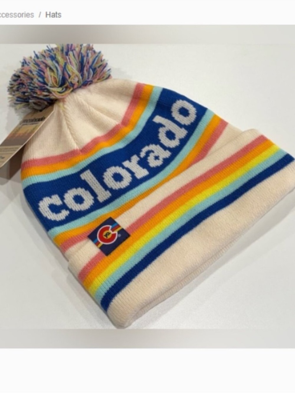Yo Colorado Niji Mountain Pom Beanie Stripes NWT Sandy Tan Ski Snowboarding